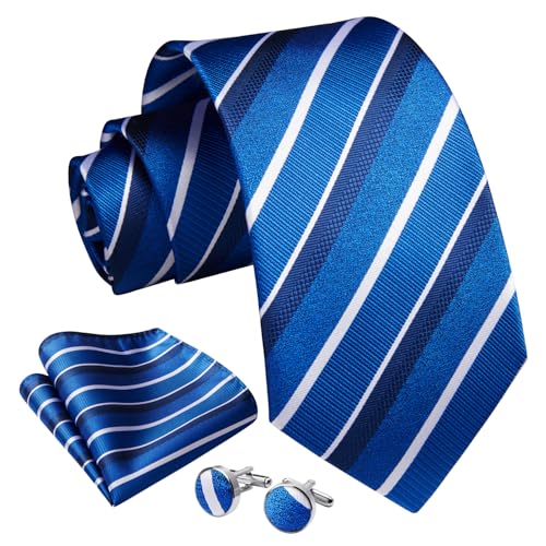 Image of Enlision Mens Ties Stripe Tie and Pocket Square Set Classic Formal Woven Neckties Handkerchief Cufflinks Wedding