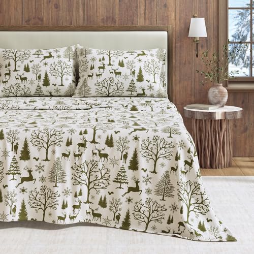 Image of Great Bay Home Flannel Sheet Set Queen Size - 100% Turkish Cotton, Double-Brushed, Lodge-Printed Bed Sheets - Ultra-Soft, Cozy, 4-Piece Bedding Set (Olive Branch Enchanted Woods)