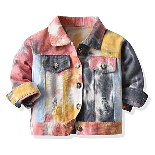 Meufam Toddler Baby Boy Girl Tie Dye Long Sleeve Denim Jacket Ripped Button Down Jean Jacket Coat Spring Fall Outerwear (Gray,120/4-5 Y,Unisex,Big Kid,US,Age,4 Years,5 Years)