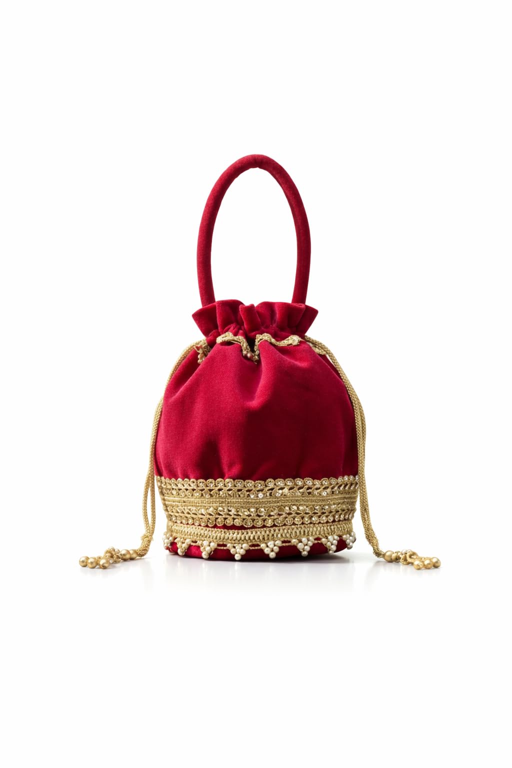 Premium Velvet Potli Bag for Women | Ethnic Bridal Wristlet with Pearl & Golden Lace Work | Designer dark Magenta pink Velvet Potli Bag/Batuaa with Pearl Latkan for Women – Ethnic Party Handbag-image-29