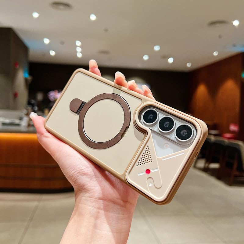 Image of LuxuryKase Magnetic Shockproof Case for Samsung Galaxy S26 Plus | Foldable 110 Metal Ring Kickstand | Matte Finish | Futuristic Camera Shield Design | Slim Profile & MagSafe Compatible - Khaki