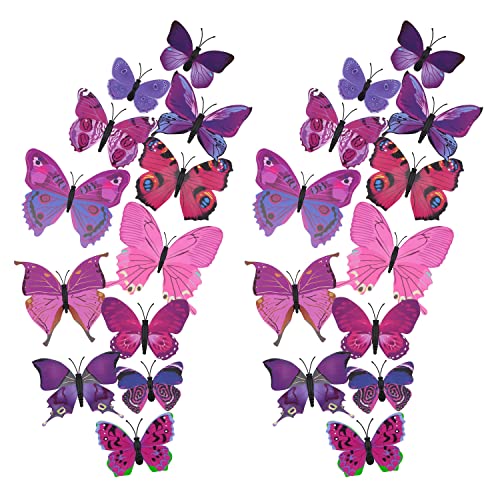AUMEEKO Schmetterlinge Deko 3D Schmetterlinge Aufkleber Abziehbilder, Schmetterlinge Wanddeko 3D Wandsticker, 24 Stück, Fuchsie Cover