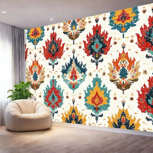 Papel Tapiz Fotográfico Bohemia Flores Paisley Papel Pintado Murales Póster Verde Rojo Fotográfico Para Dormitorio Salón Tv Pared 250 x 175 cm