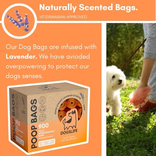 Dog Poo Bags | 100% Biodegradable Poop Bags | 900 Bags, Years Supply | Lavender Scented, Extra Thick, Fully Leak-Proof Dog Poop Bags | Buy Once, Use All Year Long
