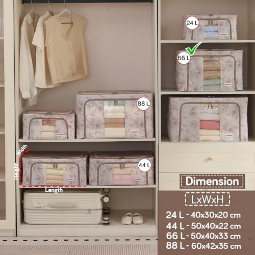 Image of HOKIPO 66L(L) Clothes Storage Box, 600D Oxford Fabric Organiser for Wardrobe, Latte Floral Pack of 2 (AR-6486-LBR*2)