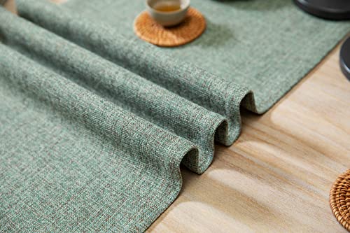 Image of ZeeMart Burlap Style Farmhouse Table Runners 48 Inches Long, Green Rustic Woven Dining Table Runner for Everyday Use, 14x48 Inches, Mineral Green