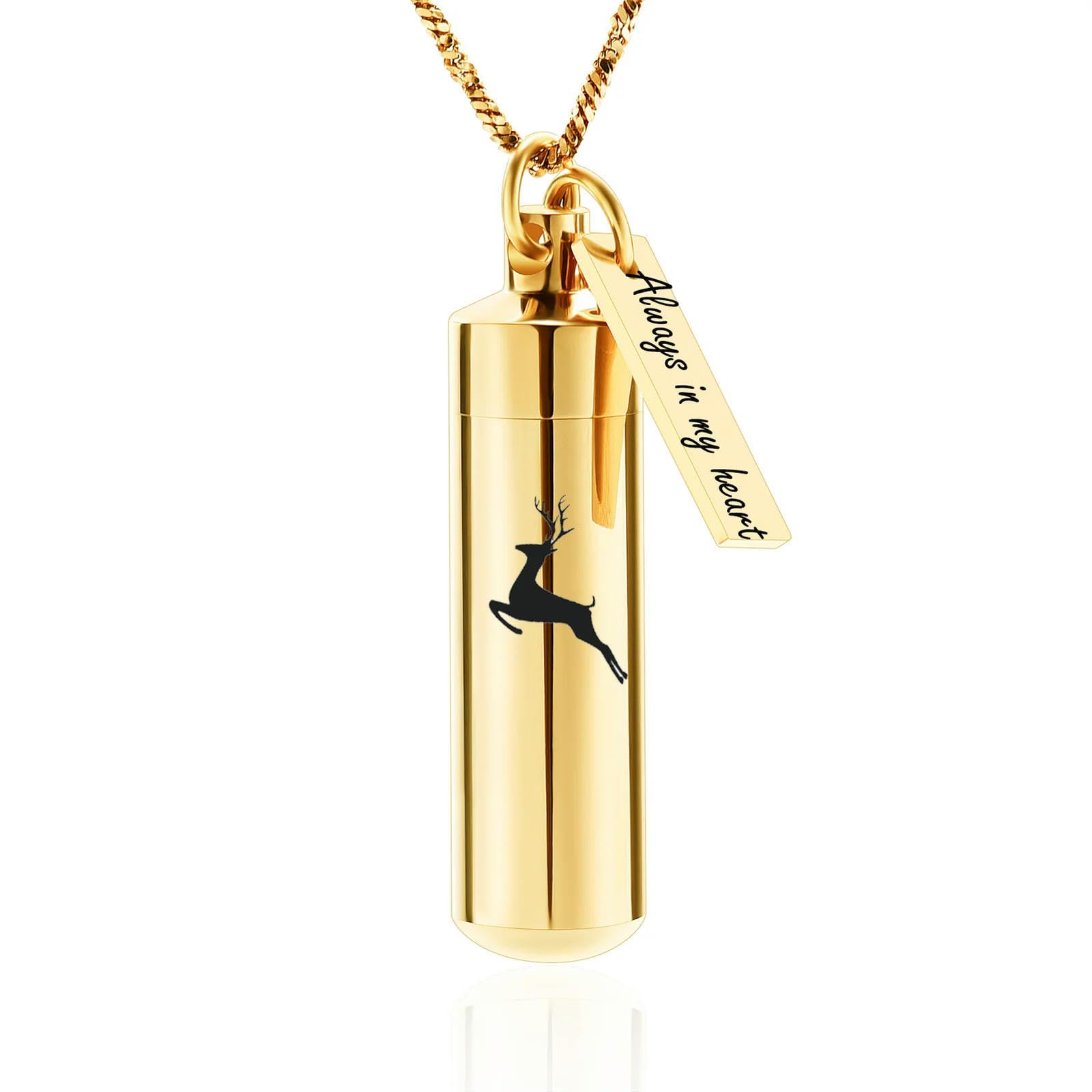 Collier urne de cerf pour cendres en cylindre commémoratif or