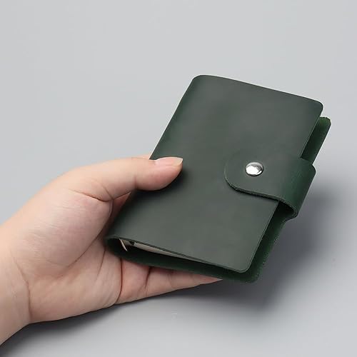 Miniatura 5 de Juego de carpetas A8 de 5 anillas, color verde, de piel gernuine, tamaño de bolsillo, cuaderno con 96 hojas, notas y recambios de puntos,