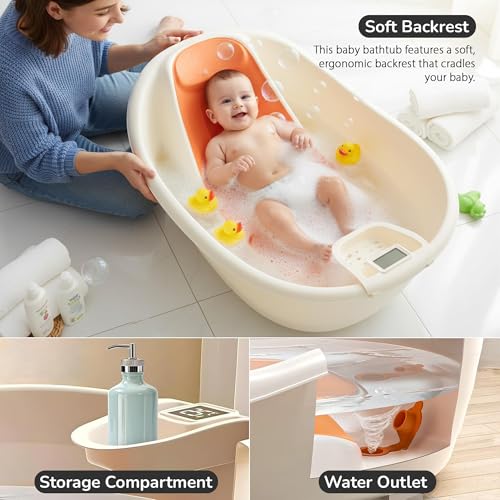 Image of Baybee Bathtub for Baby 0 to 3 Years | Bathing Tub for New Borns with Back Support & Temperature Sensor | Baby Bath Tub for Kids with Anti-Skid Base & Drainer | Portable Baby Bather for Girls & Boys