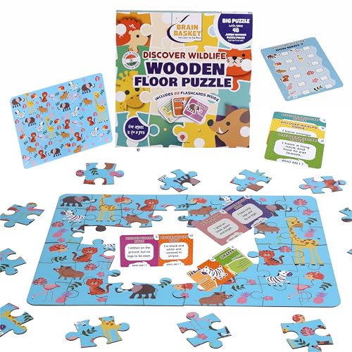Image of Wildlife Animal Floor Puzzle | Jumbo Wooden Jigsaw Puzzle with Flash Cards for Kids | Fun Facts Animal Puzzles, Educational Toys, Gift Toys for Ages 4+| Puzzle & Scrabble Game for Kids