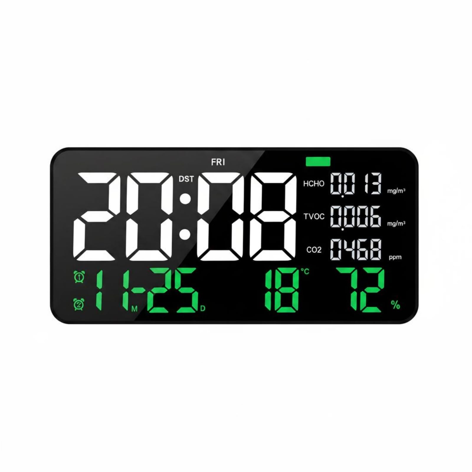 Air Quality Digital Clock Formaldehyde Test Digital Wall Digital Clock Temperature and Humidity Display Timepiece for Living Room, Bedroom, Office, Green, English-image-12