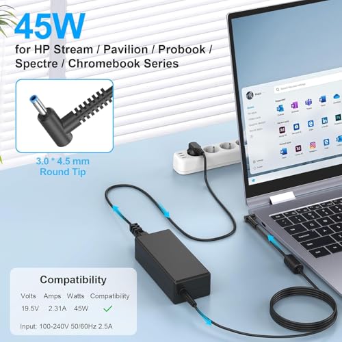 HP Laptop oplaadkabel 45W 19,5V 2,31A voeding voor HP Probook 430 440 450 455 470 250 G3 G4 G5 G6 G7, Elitebook 820 840 850, Pavilion, Spectre, Envy, X360 11 13 15 (Stekker 4,5 x 3,0 mm) - Afbeelding 3