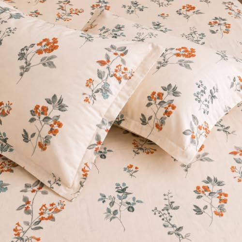 Image of Marrow Lane 300 TC Soft Air Cotton Double Bedsheet with 2 Pillow Covers | Amber Bloom Botanical Floral Print | Breathable Flat Sheet | 228.6 x 254 cm | Ivory & Orange