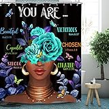 Omifly Black Girl Shower Curtain 60Wx72H Inch African American Women Bathroom Set Queen Teal Rose Motivational Quote Afro Eucalyptus Leaves Butterfly with 12 Hooks Fabric Waterproof Accessories Decor