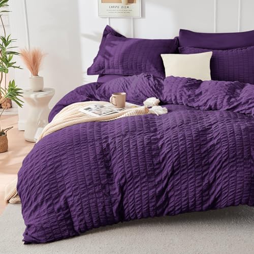Image of HYMOKEGE Dark Purple Full Size Comforter Sets Seersucker 7 Pieces, All Season Luxury Bed in a Bag for Bedroom, Bedding Set with Comforter, Sheets, Pillowcases & Shams