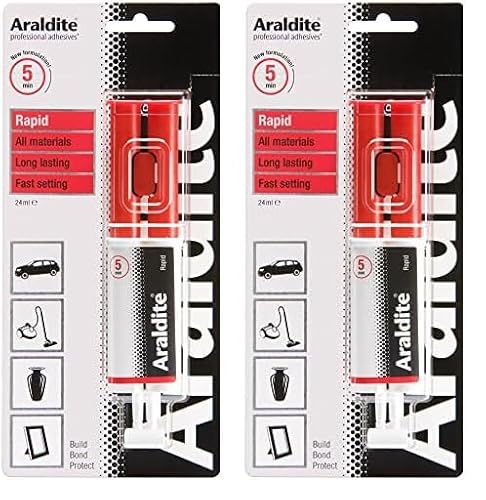 Araldite Rapid Epoxy Syringe, 24ml Fast Setting, Solvent-Free Adhesive Strong Ceramic, Plastic, Metal, Jewelry & Glass Glue (Pack of 2)