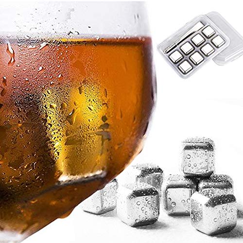 Exclusive Special 8 Pack Stainless Steel Ice Cubes [Reusable] For Valentine's Day Gifts, Chilling Stones W/Tongs & Storage Tray for Whiskey Wine Beer Vodka Liqueurs Drinks Cooler