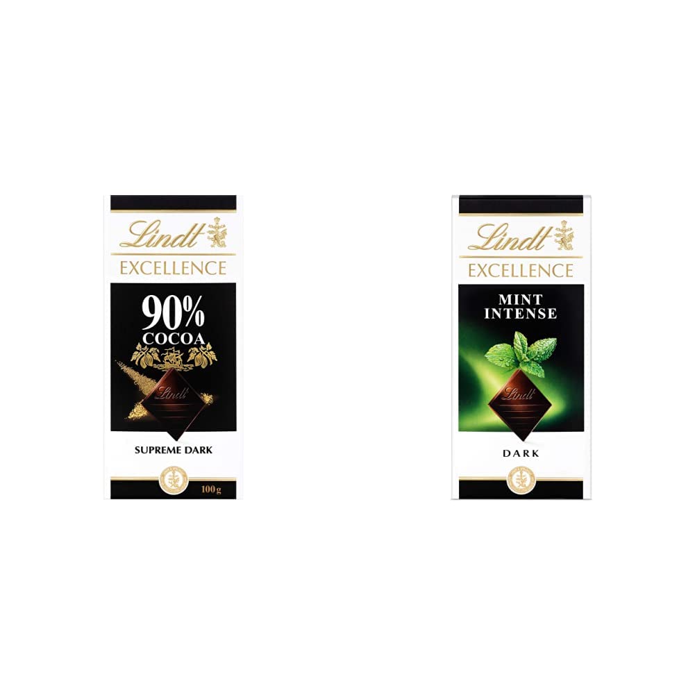 LindtEXCELLENCE Dark 90% Intense Cacao Chocolate Bar, 100 g (Pack of 1) & Excellence Dark Mint Chocolate Bar Each 100g
