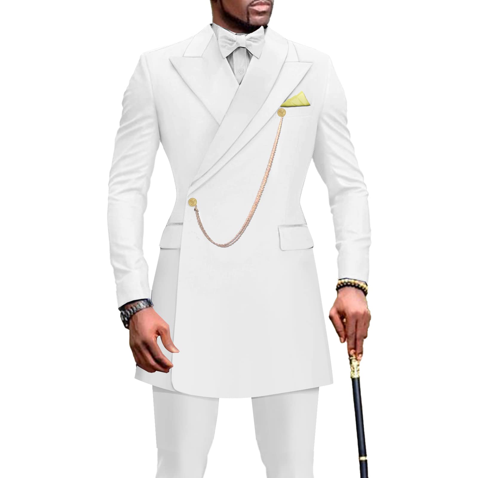 Africa-Pride Men's White `S Suits Slim Fit Blazer And Pants Set Dashiki Outfits With Bow Tie Chain Kerchief African Clothes Wedding, L