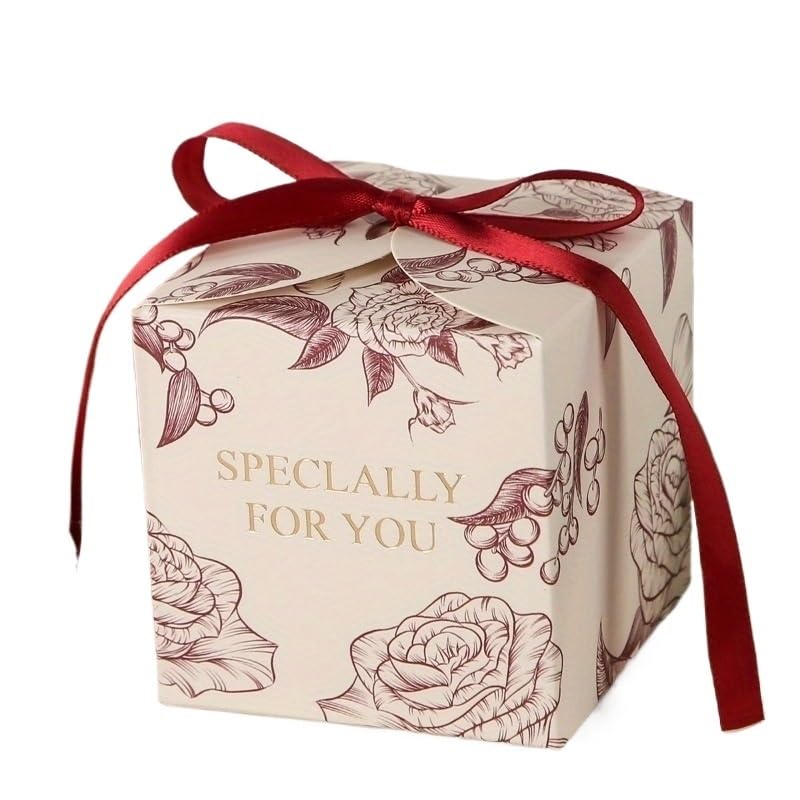 Geschenkbox 30/40/50 Stück Blumen-Geschenkboxen mit Schleife | Elegante Geschenkboxen aus Papier in Pastellrosa mit weißen Blumen for Hochzeiten, Geburtstage und Partys(Red,50pcs)