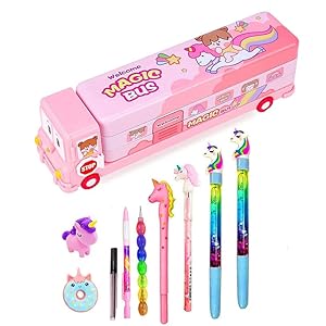 YBN 9pcs Magic School Bus for Kids Tripal Door Pencil Case with Moving Tyres Geometry Box Stationery 2 Unicorn Water Pen, 1 Pencil, Designer & Eraser Return Gift Set
