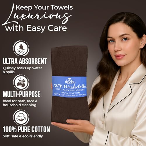 Image of DAN RIVER 12 Pack Wash Cloths for Showering [12x12] - 100% Cotton Washcloths Premium Quality Flannel Face Cloths for Bathroom, Highly Absorbent and Soft Feel Wash Clothes, Brown