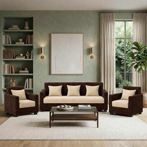 Image of FURNY Lexon 3 Seater + 1 Seater + 1 Seater Fabric Sofa Set (Dark Brown-Cream) with Velvet Finish | Durable Comfort | Ideal for Living Room