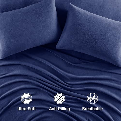 Image of True North by Sleep Philosophy Micro Fleece Bed Sheet Set, Warm, Sheets with 14 inch Deep Pocket, for Cold Season Cozy Sheet-Set, Matching Pillow Case, Cal King, Navy, 4 Piece