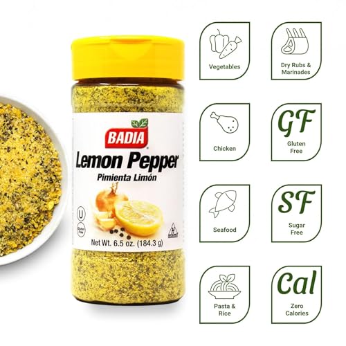 Image of Badia Lemon Pepper Seasoning, 6.5 oz - Pepper, Garlic & Onion, Zesty Citrus Blend for Chicken, Seafood & Vegetables