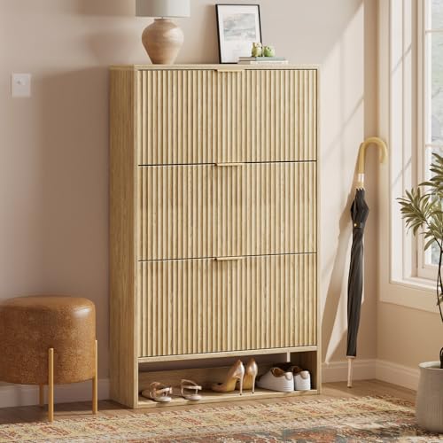 Image of Evermagin 31.5''W Oak Shoe Cabinet Storage for Entryway, Fluted Slim Shoe Dresser with 3 Flip Drawers, Narrow Shoe Rack Cabinet, Hidden Shoe Organizer Cabinet for Entrance, Hallway