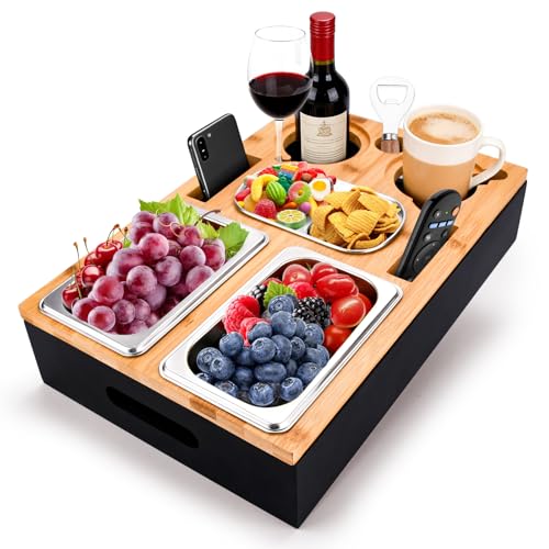 TOSUTO Couchbar Snackbox-Sofatablett Mit 2 Edelstahlschalen & Gewürzschale Sofa Tablett Abnehmbarer Magnet-Deckel als Tablett Couch tablett Snackspender Für Sofa Bett & Garten | Geschenk für Männer