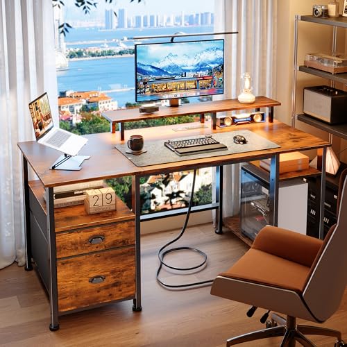 Image of Furologee 51 inch Computer Desk with Power Outlet and LED Lights, Reversible Home Office Desk with File Cabinet & Monitor Stand, Large Gaming Table with Storage Shelves & Drawer, Rustic Brown