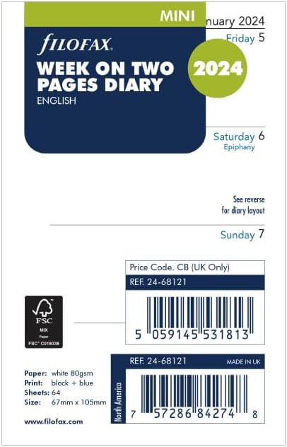 Filofax Mini week on two pages English 2024 diary, White