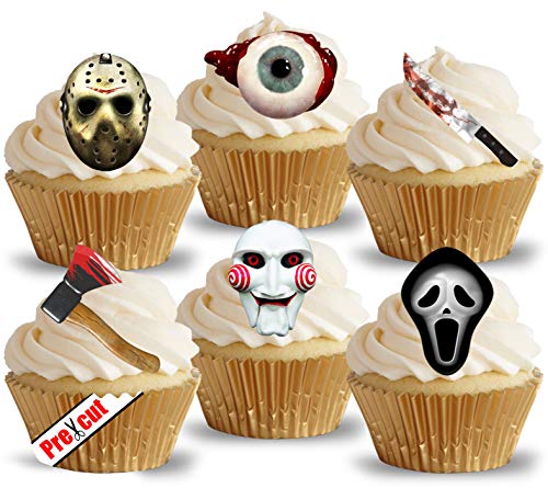 Cupcake-Dekoration, vorgeschnitten, gruselige Horror-Masken und -Gegenstände, essbares Reispapier, für Cupcakes & Kuchen, Halloweendeko, für Geburtstage und Partys Cover
