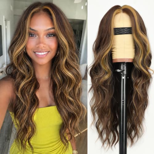 Image of AISI HAIR Brown Wig for Women, Long Wavy Synthetic Lace Wig 26Inch