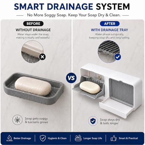 Image of Wall Mounted Soap Holder with Removable Drain Tray for Bathroom Kitchen Wash Basin | Self Draining Plastic Soap Dish | Adhesive No Drill Double Layer Soap Box Holder (Pack of 1)