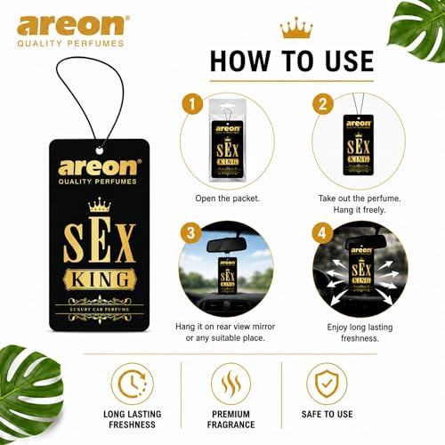 Image of AREON VIP Hanging Car Air Freshener Pack of 3 - Premium Car Perfume with Natural Fragrances, Stylish Hanging Cards Long Lasting Auto Air Freshener for Car, Home, Office & Vehicle Interior - SEX KING