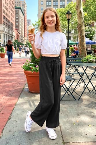 Image of Girls Summer Floral Wide Leg Pants High Waisted Flowy Dress Trousers with Pockets for School Lounge Beach 5-14 Years