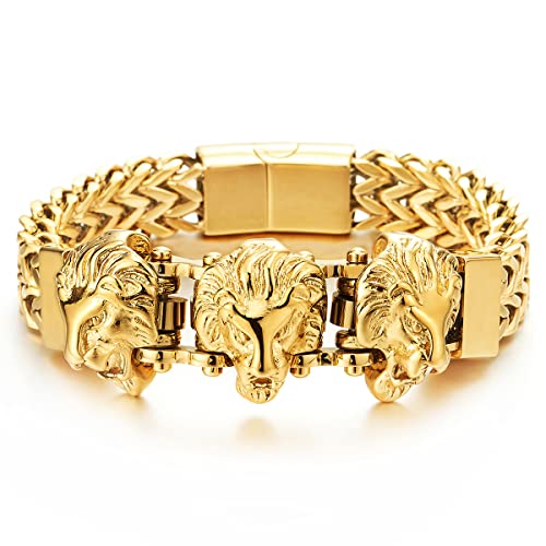 COOLSTEELANDBEYOND Steel Double Square Franco Link Bike Chain Three Lion Heads Bracelet, Magnetic Clasp