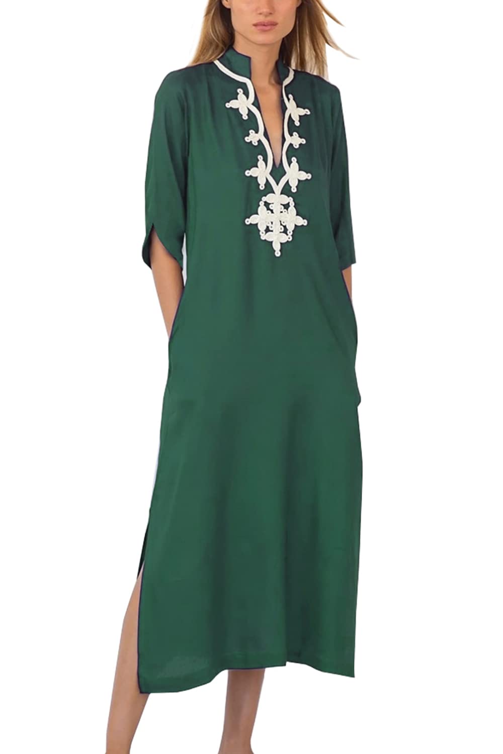 LikeJump Mujer Bohemia Floral Bordado Vestido de Playa Maxi Kaftan Kimono Pareos Bikini Cover Ups
