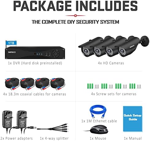 [TRUE 1080p] SANSCO CCTV Camera System, 4 Channel 5MP Surveillance DVR with (4) 2MP Outdoor Bullet Camera, 1TB Hard Drive (1920x1080p, Weatherproof, Motion Detection, Rapid USB Backup, Remote Access)