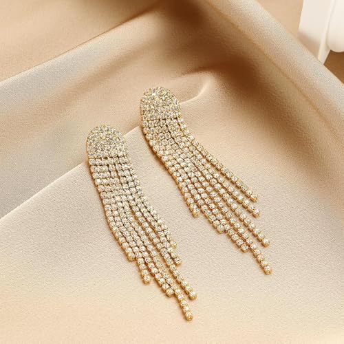 Rhinestone Tassel Earrings, Long Sparkly Statement Chandelier Earrings Trendy Iridescent Earrings Formal Elegant Prom Evening Wear Earrings For Women Prom Wedding Earrings2