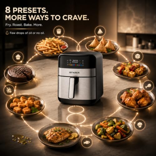 Image of Faber 7L 1600W Digital Air Fryer | Fry, Bake, Roast, Toast, Defrost, Grill & Reheat | 85% Less Oil, 360 Air Cooking | 8-Preset Menu, LED Display & Touch Control| Non-Stick Pan | FAF EVA 7.0L BK