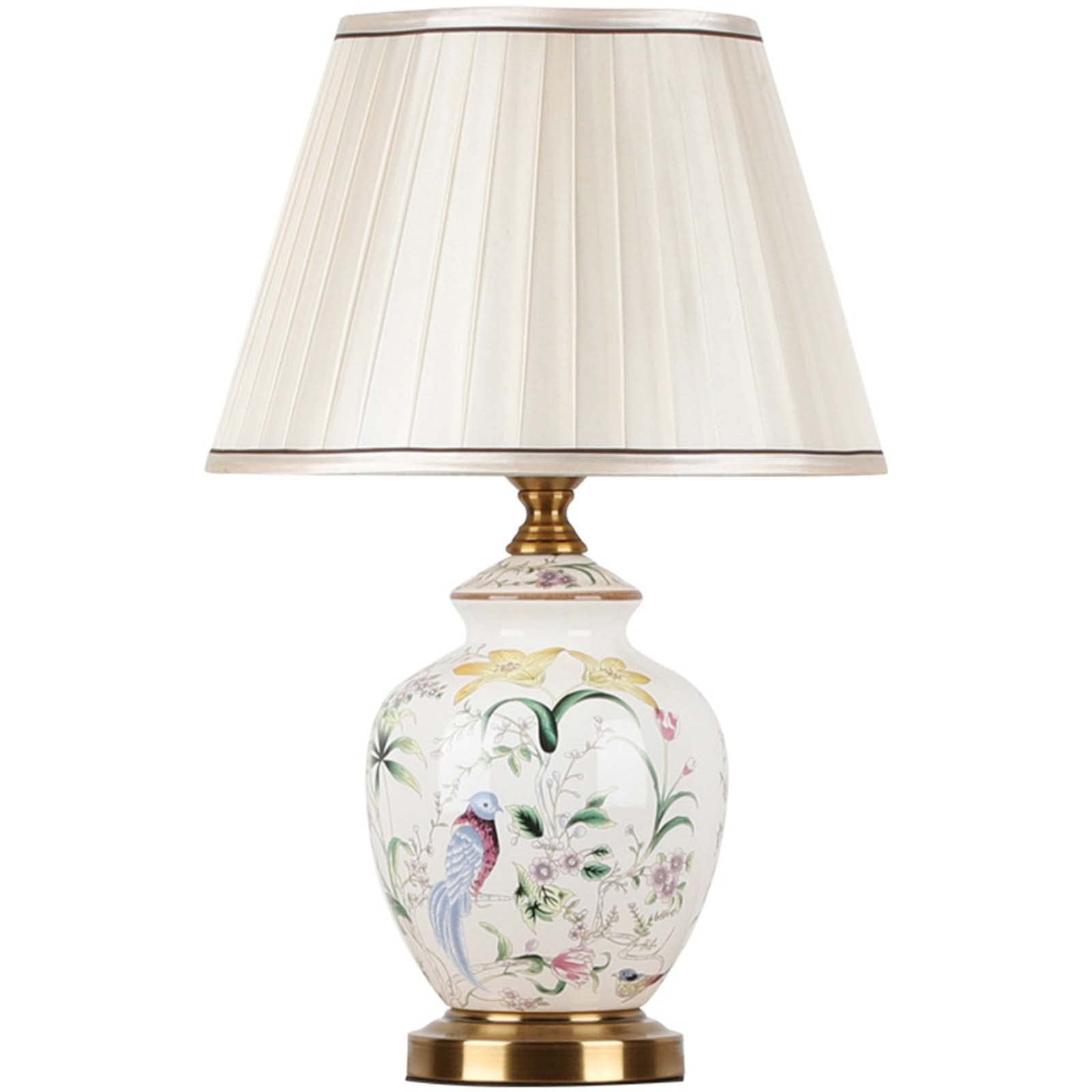 PURESILKSModern White Ceramic Table Lamp, Chinese Style Hand-Painted Flowers and Birds Ceramic Table Lamp, 20.47" High LED Table Lamp with Fabric Shade for Living Room, Office