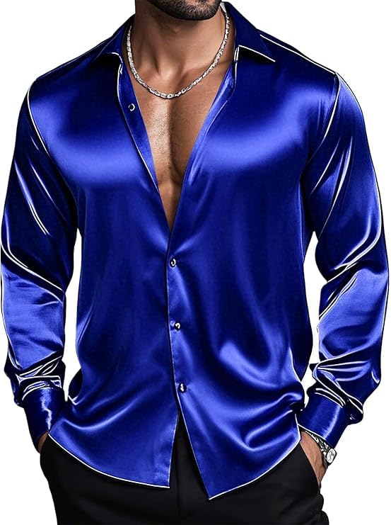 Barry.Wang - Camisa de manga larga para hombre, extensible, resistente, con botones, de satén, formal, informal, para negocios, boda, Azul Rey Satinado, XL