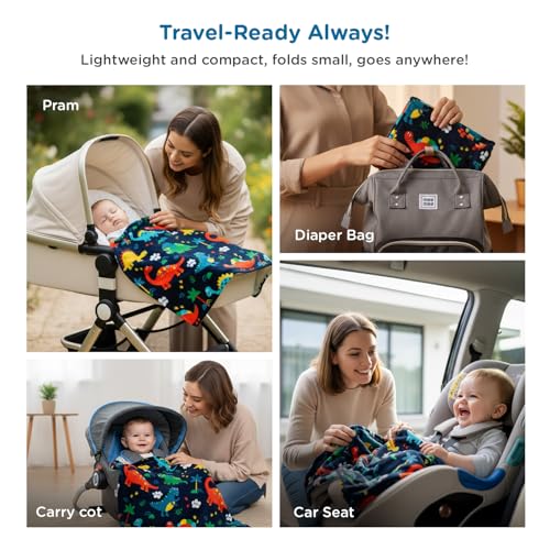 Image of Mee Mee Soft Single Layer Lightweight Flannel Baby Blanket with Dinasour Printed - Comfort and Warmth for Newborns (75 cm x 100 cm) 0-12 Months (Navy Blue)
