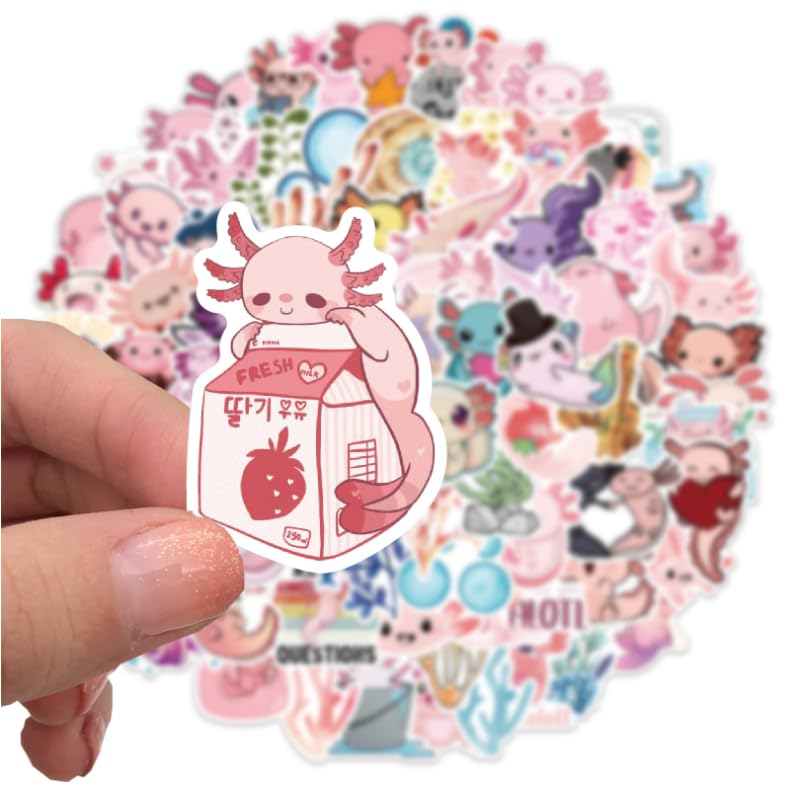 chamvis 100 PCS Cute Axolotl Stickers Pack, Waterproof Vinyl Stickers for Water Bottles Laptops, Skateboards, and More - Image 4