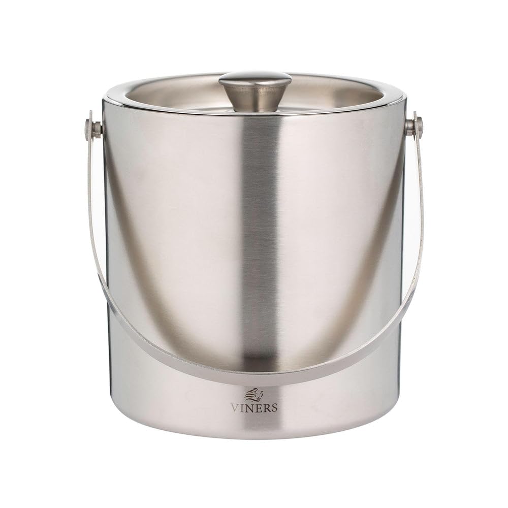 Viners Double Wall Ice Bucket 1.5 L | Stainless Steel with Polished Silver Finish | Insulated Lid | Fold Away Handle