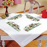 Bezaubernde Stickpackung Tischdecke Störche auf dem Bauernhof Kreuzstich vorgezeichnet - Stickdecke und Stickgarn aus Baumwolle - fertig gesäumt mit eingewebtem Zierrand - qualitativ sehr hochwertig - zum Sofort-Loslegen - zum Selbersticken - aus dem KAMACA-SHOP - aus dem KAMACA-SHOP