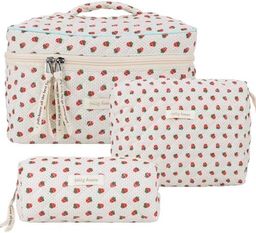 Juoxeepy Quilted Makeup Bag Floral Cotton Cosmetic Bag Jolly House Toiletry Bag Coquette Aesthetic Makeup Bag Cosmetic